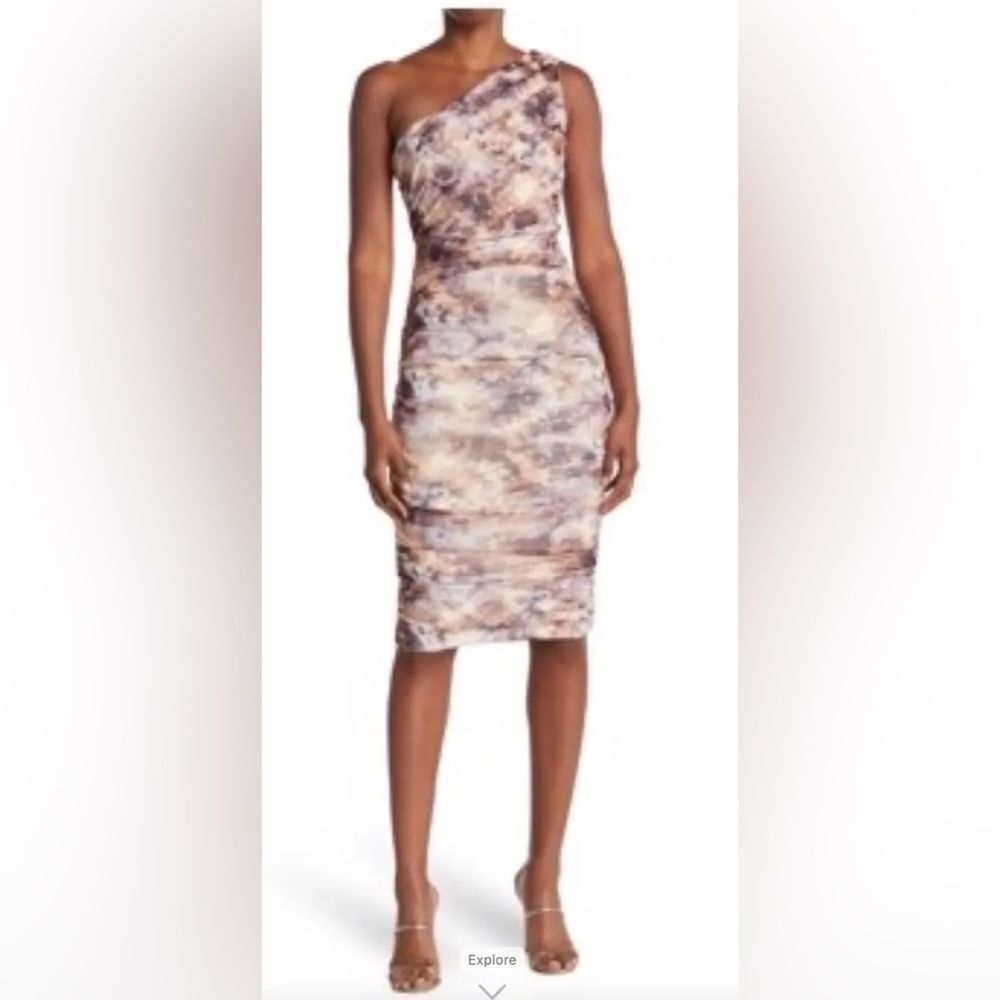 Love by Design Gold Print Puerto One Shoulder Bodycon Ruched MIDI Dress Size S
